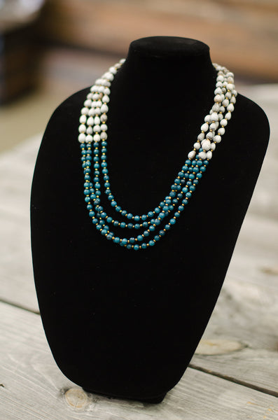Teal Angelite 6mm Bead Multi-Strand Seed Necklace