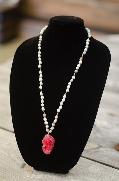 Hot Pink Agate Stone Pendant Seed Necklace