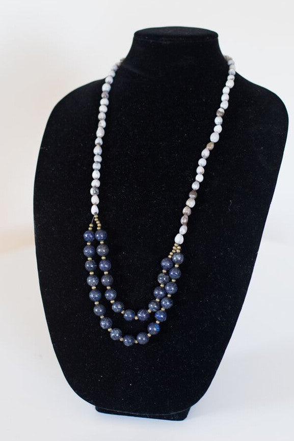 Navy Natural Lapis Drop-Down Seed Necklace