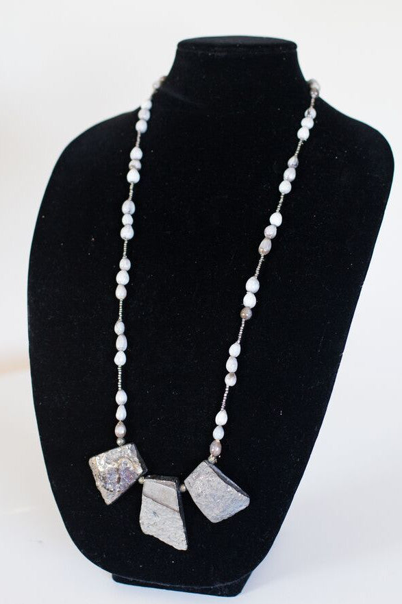 Silver Agate Chunk Seed Necklace- Long