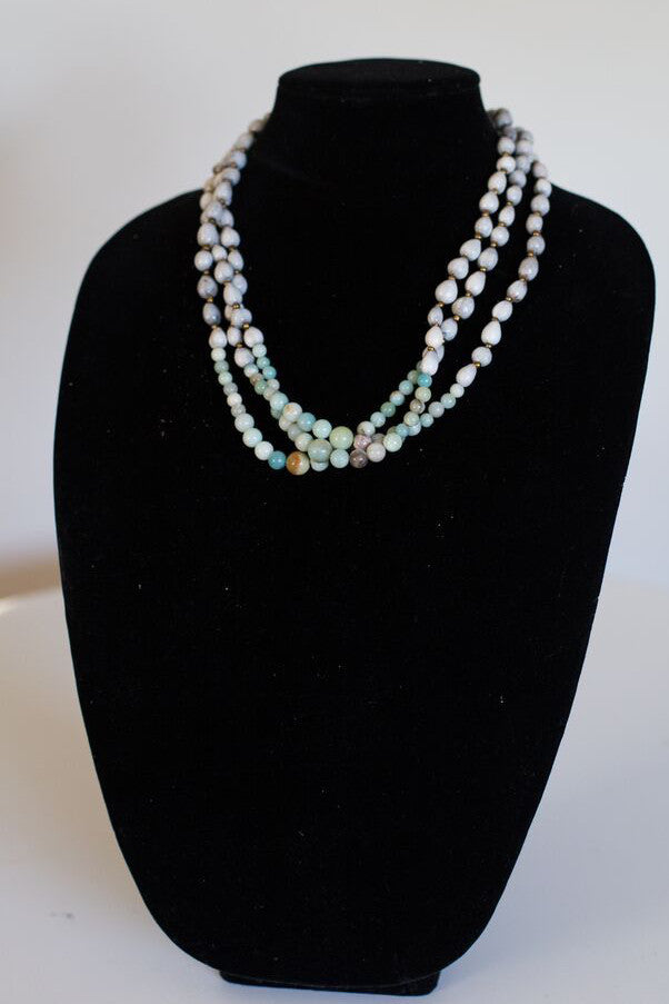 Neutral multi-colored Amazonite Non-Faceted Bead Multi-Strand Seed Necklace- big to small bead