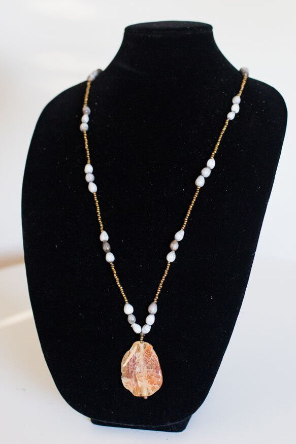 Distressed Orange Stone Pendant Seed Necklace- gold bead neckline